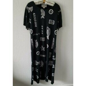 Studio G Genuine Short Sleeve Maxi Dress Black White Fish Print Casual Slits